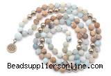 GMN6490 Knotted 8mm, 10mm matte amazonite & picture jasper 108 beads mala necklace with charm