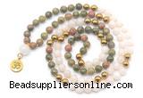 GMN6495 Knotted 8mm, 10mm unakite, white jade & hematite 108 beads mala necklace with charm