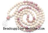 GMN6496 Knotted 8mm, 10mm white fossil jasper & pink wooden jasper 108 beads mala necklace with charm