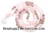 GMN6497 Knotted 8mm, 10mm rose quartz & pink wooden jasper 108 beads mala necklace with charm