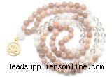 GMN6500 Knotted 8mm, 10mm sunstone, white crystal & white jade 108 beads mala necklace with charm