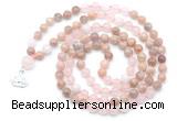 GMN6501 Knotted 8mm, 10mm sunstone, rose quartz & white jade 108 beads mala necklace with charm