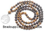 GMN6504 Knotted 8mm, 10mm yellow tiger eye, garnet & smoky quartz 108 beads mala necklace with charm