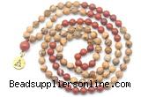 GMN6506 Knotted 8mm, 10mm picture jasper & red jasper 108 beads mala necklace with charm