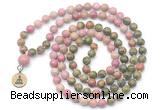 GMN6507 Knotted 8mm, 10mm unakite & pink wooden jasper 108 beads mala necklace with charm