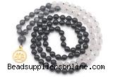 GMN6514 Knotted 8mm, 10mm black labradorite, matte rose quartz  & black agate 108 beads mala necklace with charm