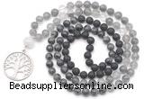 GMN6517 Knotted 8mm, 10mm black lava, black labradorite & cloudy quartz 108 beads mala necklace with charm