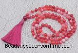 GMN674 Hand-knotted 8mm, 10mm red banded agate 108 beads mala necklaces with tassel