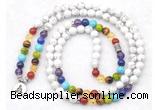 GMN7076 7 Chakra 8mm white howlite 108 mala beads wrap bracelet necklaces