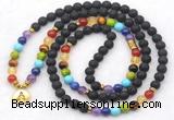 GMN7122 7 Chakra 8mm black lava 108 mala beads wrap bracelet necklaces