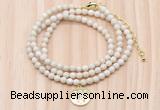 GMN7524 4mm faceted round tiny white fossil jasper beaded necklace with letter charm