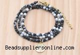 GMN7541 4mm faceted round tiny black & white jasper beaded necklace with letter charm