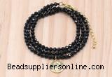 GMN7545 4mm faceted round tiny black onyx beaded necklace with letter charm