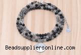 GMN7567 4mm faceted round black rutilated quartz beaded necklace with letter charm