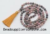 GMN795 Hand-knotted 8mm, 10mm rhodonite 108 beads mala necklace with tassel