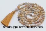 GMN796 Hand-knotted 8mm, 10mm fossil coral 108 beads mala necklace with tassel