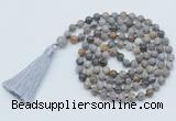 GMN797 Hand-knotted 8mm, 10mm silver needle agate 108 beads mala necklace with tassel