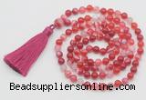 GMN798 Hand-knotted 8mm, 10mm red banded agate 108 beads mala necklace with tassel