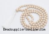 GMN815 Hand-knotted 8mm, 10mm white fossil jasper 108 beads mala necklace with tassel