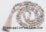 GMN816 Hand-knotted 8mm, 10mm pink zebra jasper 108 beads mala necklace with tassel