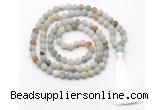 GMN8425 8mm, 10mm matte amazonite 27, 54, 108 beads mala necklace with tassel