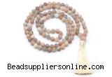 GMN8440 8mm, 10mm matte sunstone 27, 54, 108 beads mala necklace with tassel