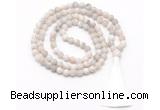 GMN8444 8mm, 10mm matte white crazy agate 27, 54, 108 beads mala necklace with tassel