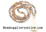 GMN8445 8mm, 10mm matte yellow crazy agate 27, 54, 108 beads mala necklace with tassel