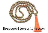 GMN8518 8mm, 10mm unakite 27, 54, 108 beads mala necklace with tassel