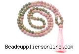 GMN8551 8mm, 10mm unakite & pink wooden jasper 108 beads mala necklace with tassel