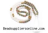 GMN8553 8mm, 10mm unakite, white jade & hematite 108 beads mala necklace with tassel