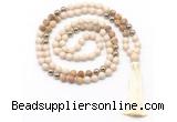 GMN8555 8mm, 10mm white fossil jasper, picture jasper & hematite 108 beads mala necklace with tassel