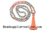 GMN8557 8mm, 10mm dalmatian jasper, cherry quartz & hematite 108 beads mala necklace with tassel