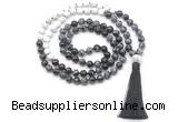 GMN8561 8mm, 10mm snowflake obsidian, matte white howlite & garnet 108 beads mala necklace with tassel