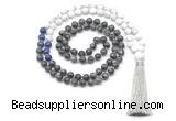 GMN8562 8mm, 10mm black labradorite, lapis lazuli & matte white howlite 108 beads mala necklace with tassel