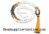 GMN8563 8mm, 10mm matte white howlite & mixed gemstone 108 beads mala necklace with tassel