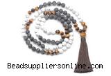 GMN8564 8mm, 10mm matte white howlite, black labradorite & yellow tiger eye 108 beads mala necklace with tassel