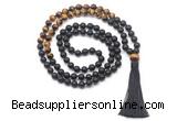 GMN8565 8mm, 10mm matte black agate & yellow tiger eye 108 beads mala necklace with tassel