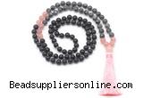 GMN8566 8mm, 10mm matte black agate, black labradorite & rose quartz 108 beads mala necklace with tassel