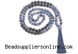 GMN8573 8mm, 10mm blue spot stone & black lava 108 beads mala necklace with tassel