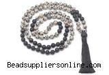 GMN8574 8mm, 10mm dalmatian jasper, black lava & garnet 108 beads mala necklace with tassel