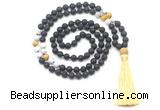 GMN8578 8mm, 10mm black lava, matte white howlite & golden tiger eye 108 beads mala necklace with tassel