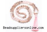 GMN8581 8mm, 10mm sunstone, rose quartz & white jade 108 beads mala necklace with tassel