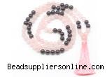 GMN8582 8mm, 10mm rose quartz & garnet 108 beads mala necklace with tassel