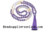 GMN8586 8mm, 10mm amethyst, citrine & white crystal 108 beads mala necklace with tassel