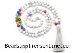 GMN8602 Hand-knotted 7 Chakra 8mm, 10mm white howlite 108 beads mala necklace with tassel