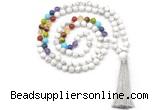 GMN8603 Hand-knotted 7 Chakra 8mm, 10mm white howlite 108 beads mala necklace with tassel