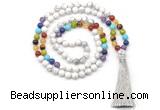 GMN8604 Hand-knotted 7 Chakra 8mm, 10mm white howlite 108 beads mala necklace with tassel