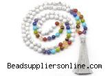 GMN8605 Hand-knotted 7 Chakra 8mm, 10mm white howlite 108 beads mala necklace with tassel