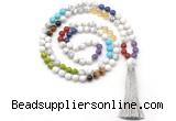 GMN8606 Hand-knotted 7 Chakra 8mm, 10mm white howlite 108 beads mala necklace with tassel